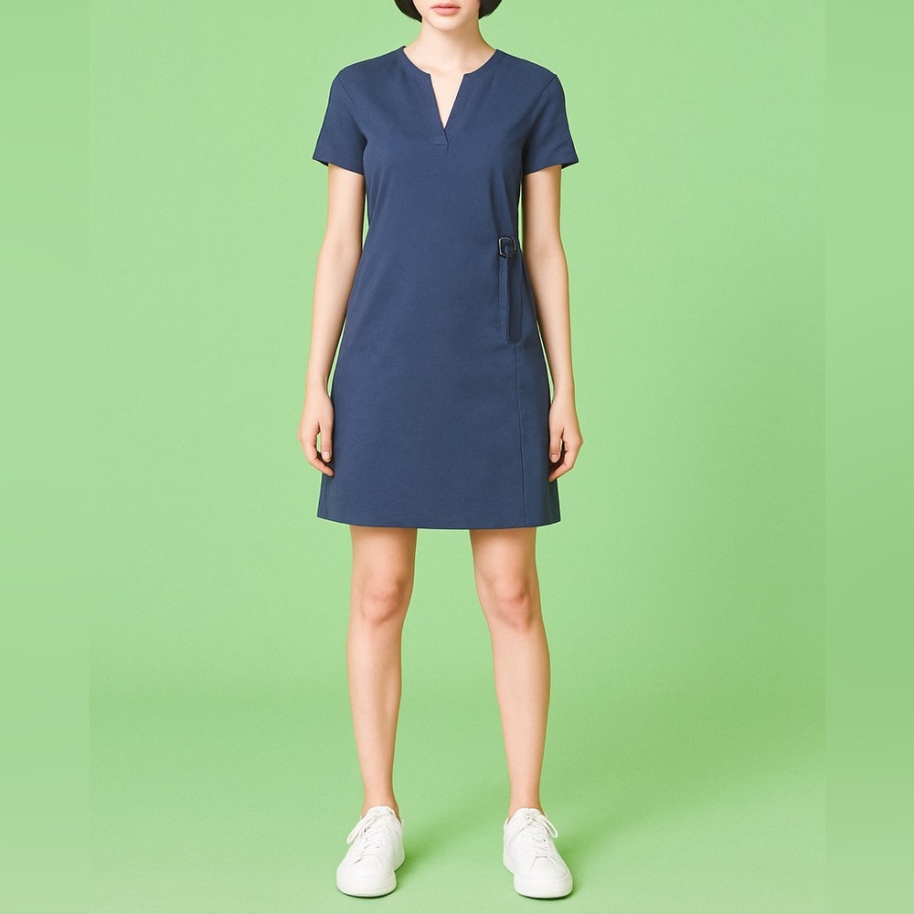 Luc Fontaine Mini Dress 8 Navy Blue Short Sleeve Utility Casual Stretch Travel